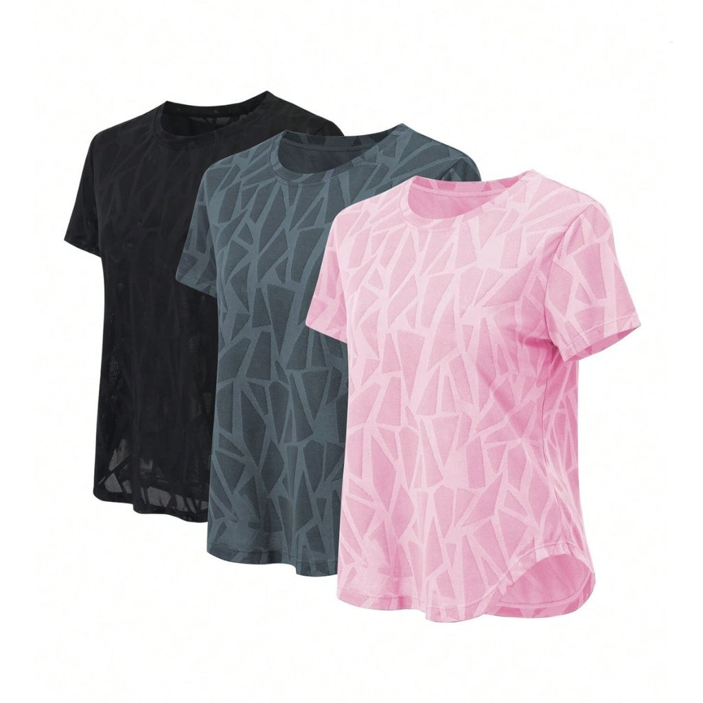 Bella Body, Kit 3 Camisetas Femininas Dry Fit Geometrics, camiseta dry fit, camiseta esportiva, camiseta de corrida, camiseta de treino, camiseta, camiseta confortável, camiseta de treino, kit de camisetas feminina, kit de roupas esportivas, conjunto de camisetas, kit de camisetas em promoção, bellabody, bellabody.com.br