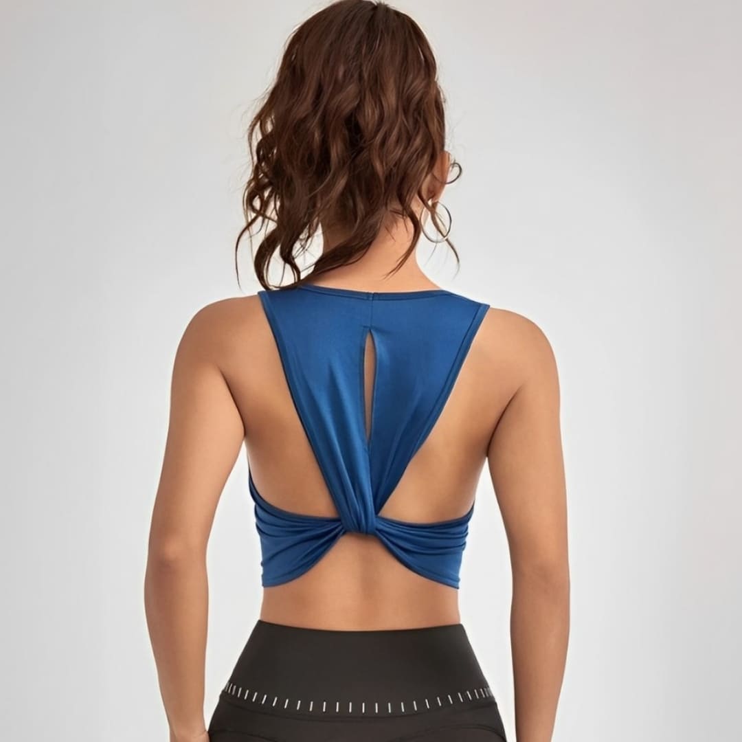 Top Esportivo Feminino Vazado Knot Back, top feminino, top de academia, top de treinar, top para corrida, top sem costura, top confortável, top de alta elasticidade, top para mulheres