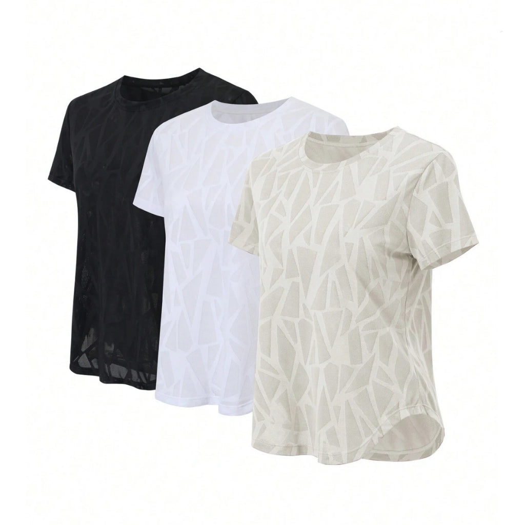Bella Body, Kit 3 Camisetas Femininas Dry Fit Geometrics, camiseta dry fit, camiseta esportiva, camiseta de corrida, camiseta de treino, camiseta, camiseta confortável, camiseta de treino, kit de camisetas feminina, kit de roupas esportivas, conjunto de camisetas, kit de camisetas em promoção, bellabody, bellabody.com.br