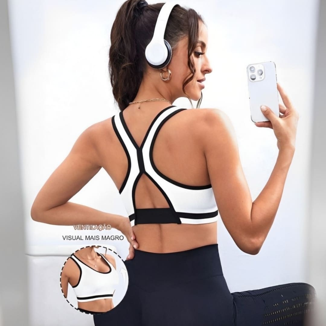 Top Feminino Fitness Sem Costura Pro Black-White, top feminino, top de academia, top de treinar, top para corrida, top sem costura, top confortável, top de alta elasticidade, top para mulheres