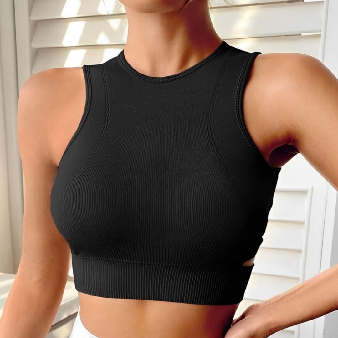 Top Feminino Fitness Vazado Half Sport, top feminino, top de academia, top de treinar, top para corrida, top sem costura, top confortável, top de alta elasticidade, top para mulheres